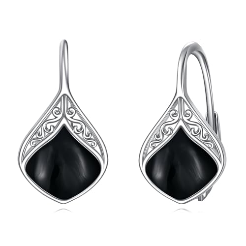 POPLYKE Schwarz Onyx Träne Leverback Ohrringe für Damen - 925 Sterling Silber Dangle Schmuck - Sensitive Ohrringe von POPLYKE