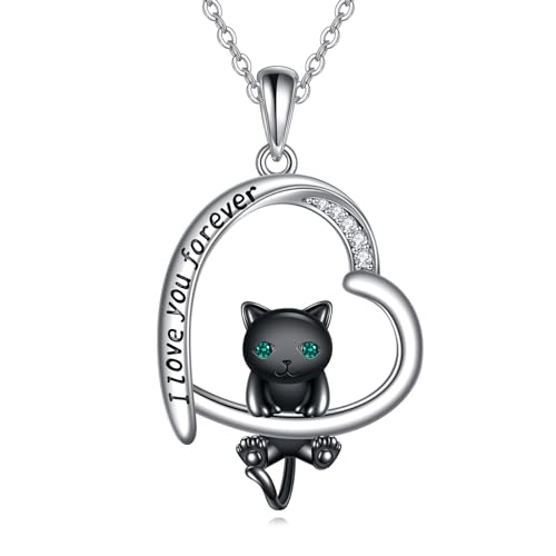 POPLYKE Schwarze Katze Halskette für Damen 925 Sterling Silber Herz Tier Halskette Katze Schmuck Katze Geschenke für Katzenliebhaber von POPLYKE