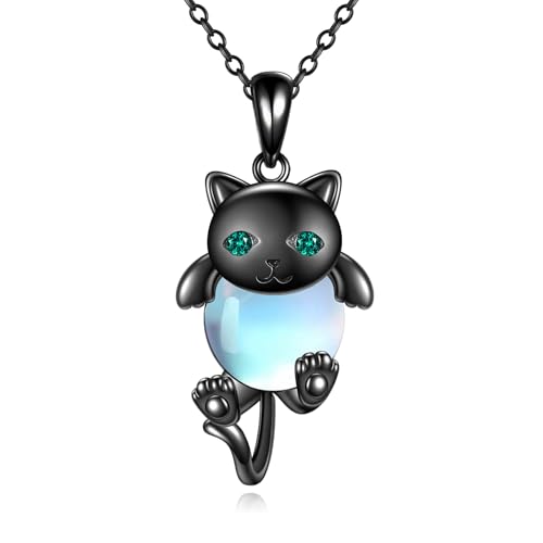 POPLYKE Schwarze Katze Kette 925 Sterling Silber Mondstein Katze Schmuck Damen Katzenliebhaber von POPLYKE