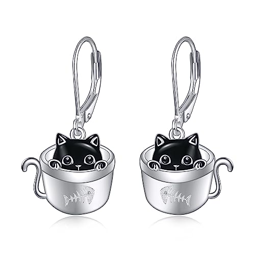 POPLYKE Schwarze Katze Ohrringe für Damen 925 Sterling Silber Tasse Katze Leverback Ohrringe Schwarze Katze Geschenke Katze Schmuck für Mädchen von POPLYKE