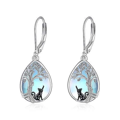 POPLYKE Schwarze Katze Ohrringe für Damen Mondstein Ohrringe Sterling Silber Leverback Ohrringe Baum des Lebens Ohrringe Katze Schmuck von POPLYKE