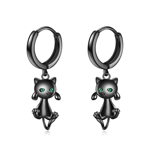 POPLYKE Schwarze Katze Ohrringe für Damen Sterling Silber Katze Ohrringe Dangle Schwarze Katze Schmuck Geschenke Geburtstag von POPLYKE