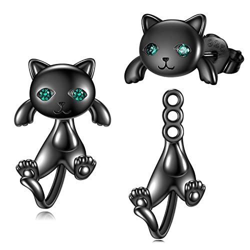 POPLYKE Schwarze Katze Ohrstecker für Damen 925 Sterling Silber Katze Ohrringe für Mädchen Schwarze Katze Schmuck Geschenke für Katzenliebhaber von POPLYKE