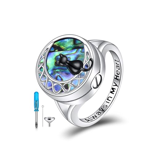 POPLYKE Schwarze Katze Urne Ring für Frauen Sterling Silber Abalone Shell Ringe schwarze Fledermaus-Schmuck Geschenk für Mädchen (Abalone Muschel) von POPLYKE