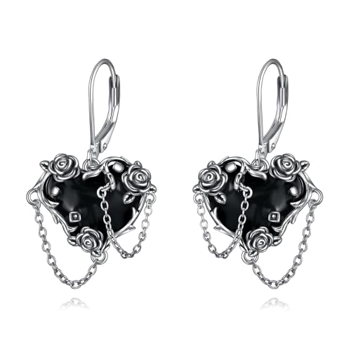 POPLYKE Schwarze Rose Blume Ohrringe 925 Sterling Silber Herz Schwarze Ohrringe Gothic Schmuck Damen von POPLYKE