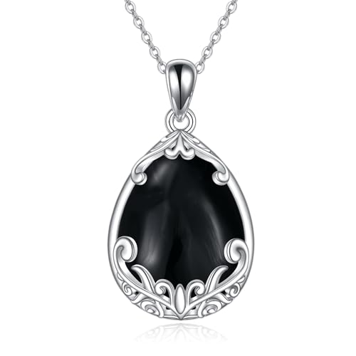 POPLYKE Schwarzer Onyx Halskette für Frauen Sterling Silber Filigran schwarzer Onyx Teardrop Anhänger Schmuck Geschenk für Mädchen (schwarzer Onyx) von POPLYKE