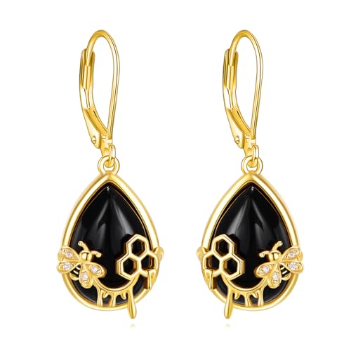 POPLYKE Schwarzer Onyx Ohrringe für Frauen Sterling Silber Biene Ohrringe Goldschmuck Geschenk für Mädchen (Biene) von POPLYKE