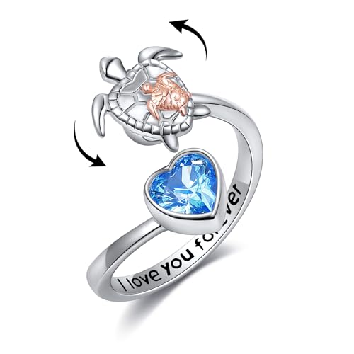 POPLYKE Sea Turtle Ringe für Damen Sterling Silber Fidget Ringe für Angst Mutter Kind Schildkröte Drehbare Stimmung Ringe Geschenke von POPLYKE
