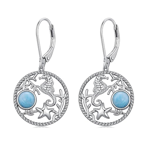 POPLYKE Seepferdchen-Ohrringe für Frauen Sterling Silber Larimar Kreis Leverback Ohrringe Seestern Strand Jewerly Geschenke für Mädchen (Seepferdchen) von POPLYKE