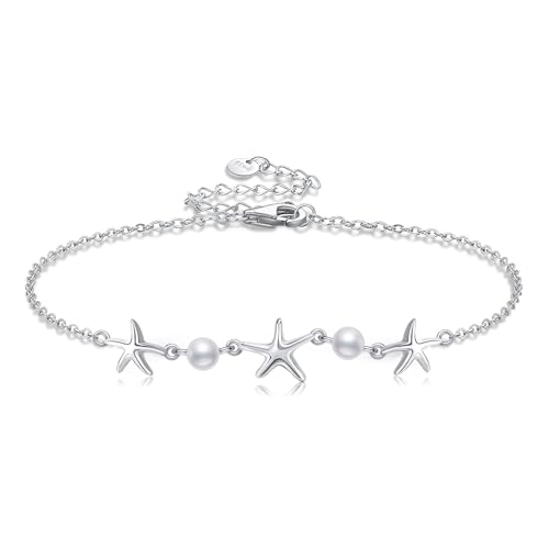 POPLYKE Seestern Fußkettchen für Damen 925 Sterling Silber Perle Fußkette Armbänder für Damen Fußkette Armbänder Seestern Schmuck für Damen von POPLYKE