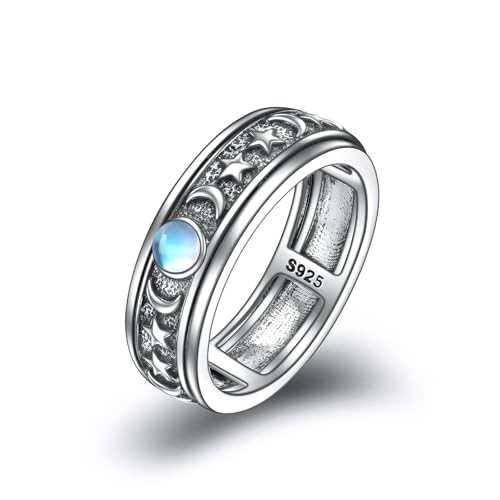 POPLYKE Silber Spinner-Ringe Mondstein Mond und Stern Ring Drehbare Stimmungsringe für Frauen Stressabbau Geschenk Größe 6 von POPLYKE