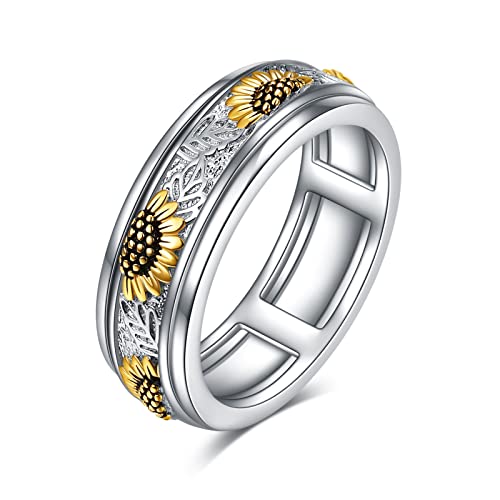POPLYKE Sonnenblume Angst Spinner Ringe Sterling Silber Sonnenblume Drehbare Stimmungs Ringe Stress Abbauen Schmuck Geschenke für Frauen (6 Größe) von POPLYKE