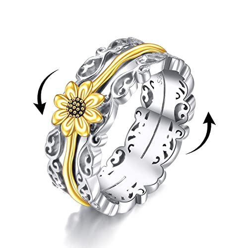 POPLYKE Sonnenblume Fidget Ringe für Angst 925 Sterling Silber Sonnenblume Spinner Ringe für Frauen Anti Stress Stimmung Ringe Geschenke Band Wide 7# von POPLYKE