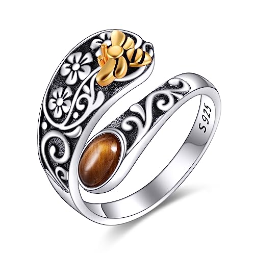 POPLYKE Sterling Silber Bernstein Biene Blume L?ffel Ring Vintage Daumen Ringe Boho Adjustable Open Ring Statement-Schmuck Geschenke für Frauen von POPLYKE