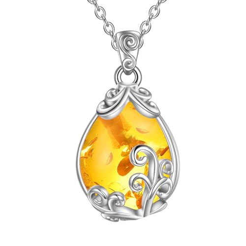 POPLYKE Sterling Silber Bernstein Filigran Teardrop Anhänger Halskette Edelstein-Kristall-Schmuck für Frauen von POPLYKE