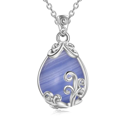 POPLYKE Sterling Silber Blue Lace Achat Filigran Teardrop Anh?nger Halskette Edelstein-Kristall-Schmuck für Frauen von POPLYKE