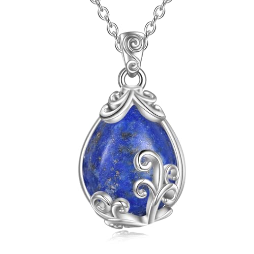 POPLYKE Sterling Silber Lapis Lazuli Filigran Teardrop Anhänger Halskette Edelstein-Kristall-Schmuck für Frauen von POPLYKE