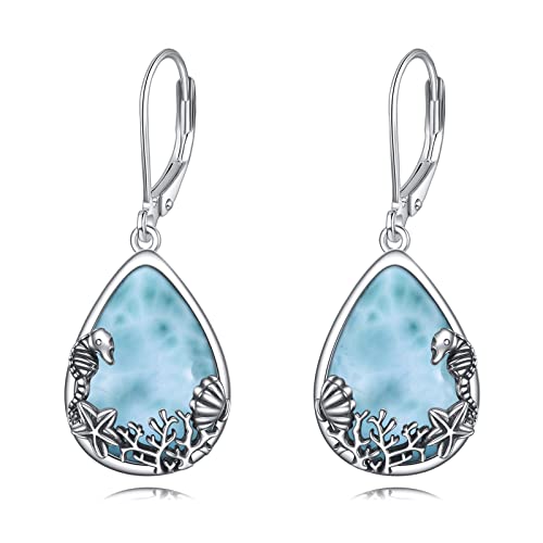 POPLYKE Sterling Silber Larimar Meer Leben Seestern Seepferdchen Dangle Drop Ohrringe für Frauen Geburtstag Schmuck Geschenke von POPLYKE