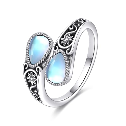 POPLYKE Mondstein Filigran Löffel Ring Sterling Silber Vintage Daumen Ringe Boho Einstellbare Offener Ring Aussage Schmuck Geschenke für Frauen von POPLYKE