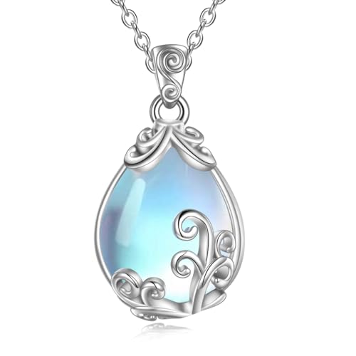 POPLYKE Mondstein Halskette Sterling Silber Mondstein Filigran Teardrop Anhänger Kette Edelstein Schmuck Geschenke für Frauen von POPLYKE