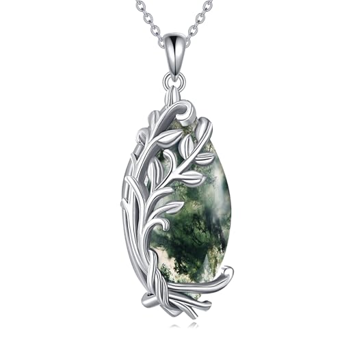 POPLYKE Sterling Silber Moos Achat Baum des Lebens Filigrane Teardrop Halskette Schmuck für Frauen von POPLYKE