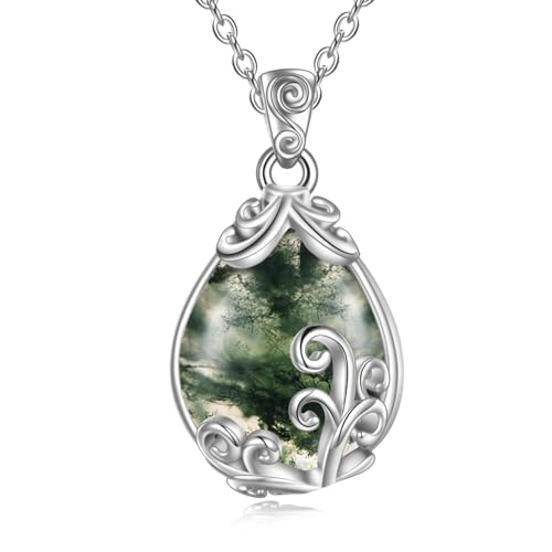 POPLYKE Sterling Silber Moos Achat Filigran Teardrop Anh?nger Halskette Edelstein-Kristall-Schmuck für Frauen von POPLYKE