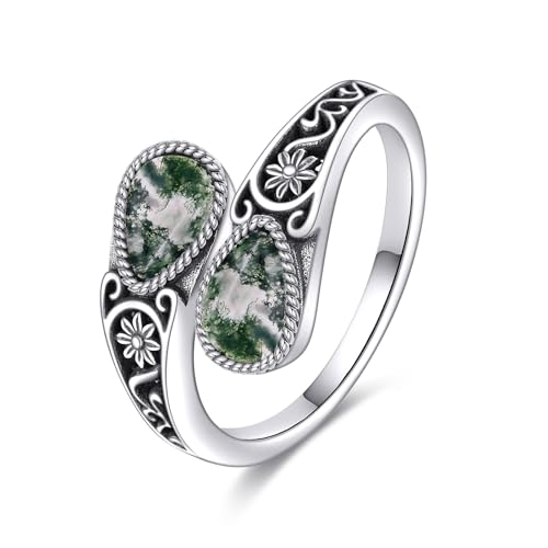POPLYKE Sterling Silber Moosachat Filigran L?ffel Ring Vintage Daumen Ringe Boho Einstellbare Offener Ring Aussage Schmuck Geschenke für Frauen von POPLYKE