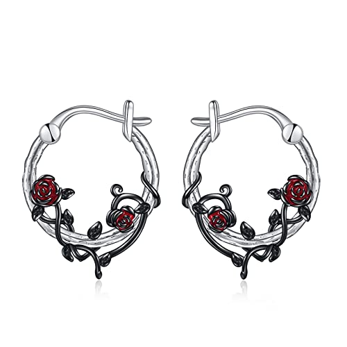 POPLYKE Sterling Silber Rot Schwarz Rose Blume Hoops Ohrringe Klein Huggie Ohrringe Schmuck Geschenk für Frauen von POPLYKE