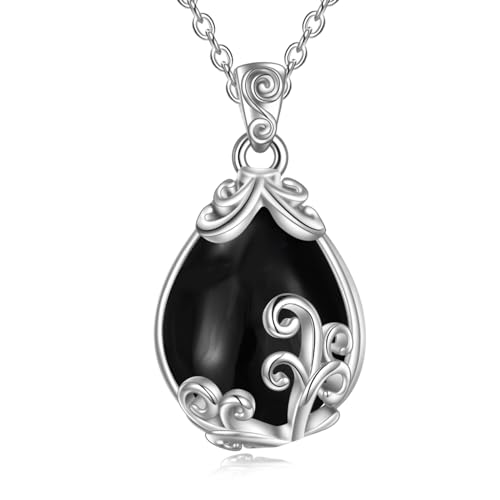 POPLYKE Schwarzer Turmalin Halskette Sterling Silber Schwarzer Turmalin Filigran Teardrop Anhänger Kette Edelstein Kristall Schmuck Geschenke für Frauen von POPLYKE