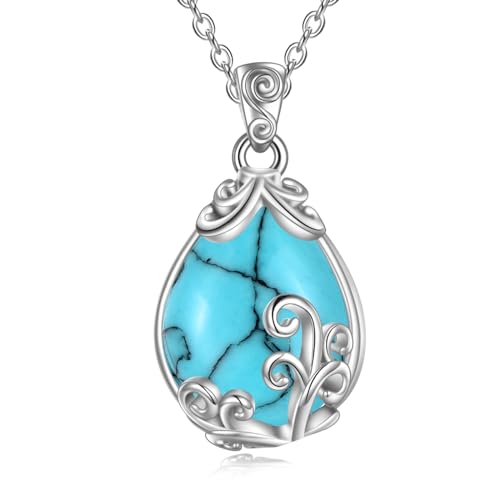 POPLYKE Sterling Silber Türkis Filigran Teardrop Anhänger Halskette Edelstein-Kristall-Schmuck für Frauen von POPLYKE