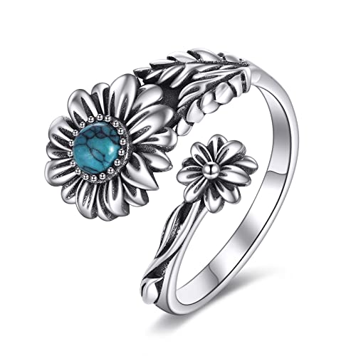 POPLYKE Sterling Silber Türkis Gänseblümchen Löffel Ring Vintage Daumen Ringe Boho Einstellbare Offener Ring Blumenschmuck Geschenke für Frauen von POPLYKE