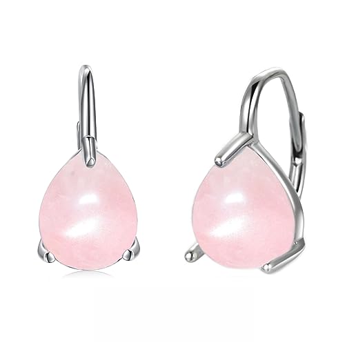 POPLYKE Teardrop Rose Quartz Leverback Ohrringe für Damen 925 Sterling Silber Rosa Kristall Ohrringe Oktober Birthstone von POPLYKE