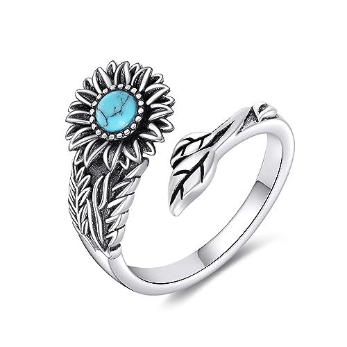POPLYKE Türkis Löffel Ring S925 Sterling Silber Sonnenblume Daumen Offen Ring Viktorianisch Oxidiert Schmuck Geschenke für Frauen (Türkis) von POPLYKE