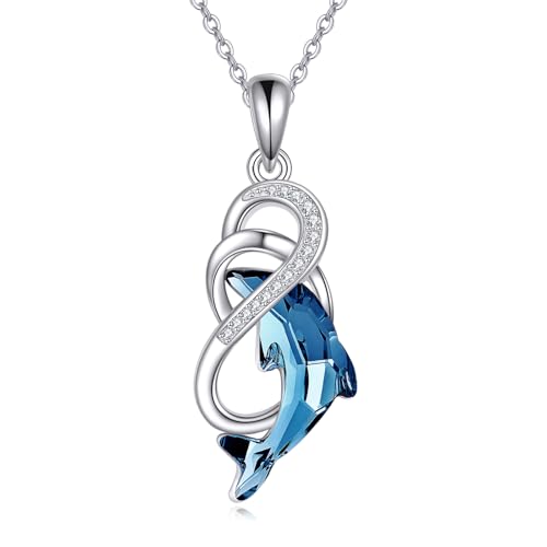 POPLYKE Unendlichkeit Delphin Halskette 925 Sterling Silber Delphin Kristall Anhänger Halskette Delphin Schmuck für Damen Mama von POPLYKE