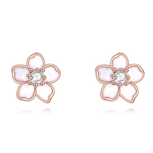 POPLYKE Weiße Blume Ohrringe für Damen Rose Gold überzogene 925 Sterling Silber Ohrstecker Emaille Sakura Ohrringe Kirschblüte Schmuck Nette Ohrringe von POPLYKE