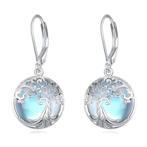 POPLYKE Baum des Lebens Teardrop Mondstein Ohrringe 925 Sterling Silber Dangle Drop Leverback Ohrringe Mondstein Schmuck Geschenk für Damen von POPLYKE