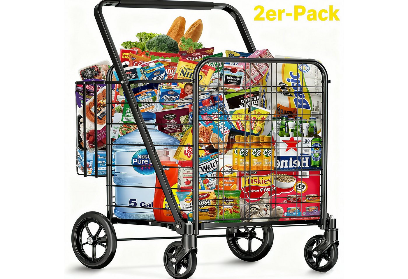 POPOLIC Einkaufstrolley Jumbo-Einkaufswagen mit 201 kg Tragkraft, robuster Allzweckwagen, mit verbesserten 360°-Lenkrädern und zusammenklappbarem Doppelkorb von POPOLIC