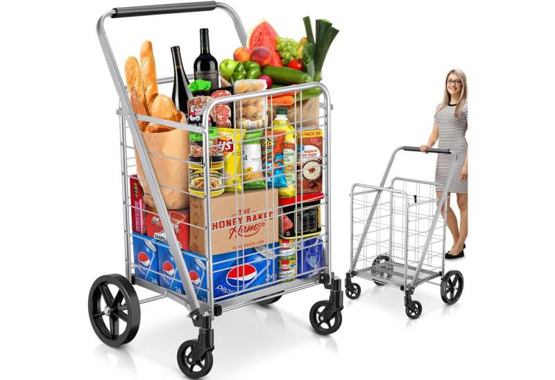 POPOLIC Einkaufstrolley flach zusammenklappbarer Einkaufswagen mit 360° drehbaren Rädern, robust und leicht, extragroßer Allzweckwagen von POPOLIC