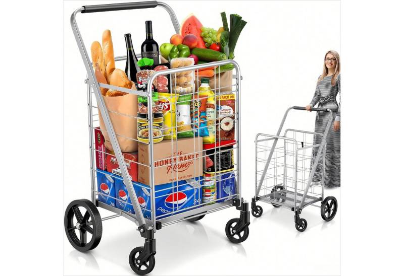 POPOLIC Einkaufstrolley flach zusammenklappbarer Einkaufswagen mit 360° drehbaren Rädern, robust und leicht, extragroßer Allzweckwagen von POPOLIC