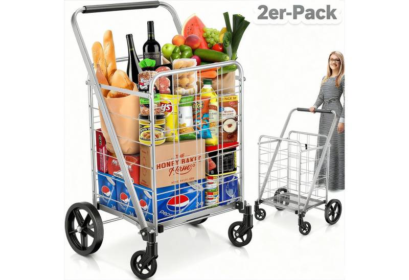 POPOLIC Einkaufstrolley flach zusammenklappbarer Einkaufswagen mit 360° drehbaren Rädern, robust und leicht, extragroßer Allzweckwagen von POPOLIC