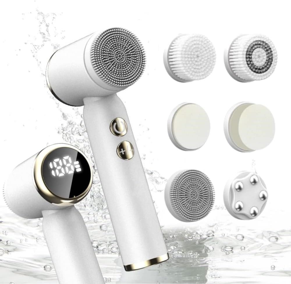 POPOLIC Elektrische Gesichtsreinigungsbürste Motor-Gesichtsreiniger mit 6 Bürstenköpfen, Standladestation, IPX6 wasserdicht, wiederaufladbar, Gesichtsbürste, für Männer und Frauen, Gesichtsschrubber, Massagegerät und Peeling von POPOLIC