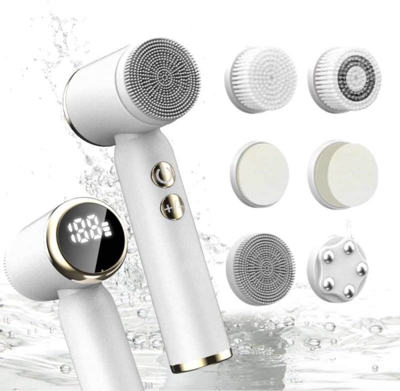 POPOLIC Elektrische Gesichtsreinigungsbürste Motor-Gesichtsreiniger mit 6 Bürstenköpfen, Standladestation, IPX6 wasserdicht, wiederaufladbar, Gesichtsbürste, für Männer und Frauen, Gesichtsschrubber, Massagegerät und Peeling von POPOLIC