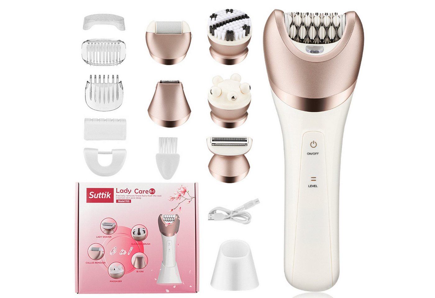 POPOLIC Epilierer 6in1 Epilierer für Damen Kabelloser Nass und Trocken-Gesichtsepilierer, mit Peelingbürste,Reinigungsbürste, Körperepilierer, Massagekopf IPX7 Wasserdicht,USB Wiederaufladbar und Tragbar von POPOLIC