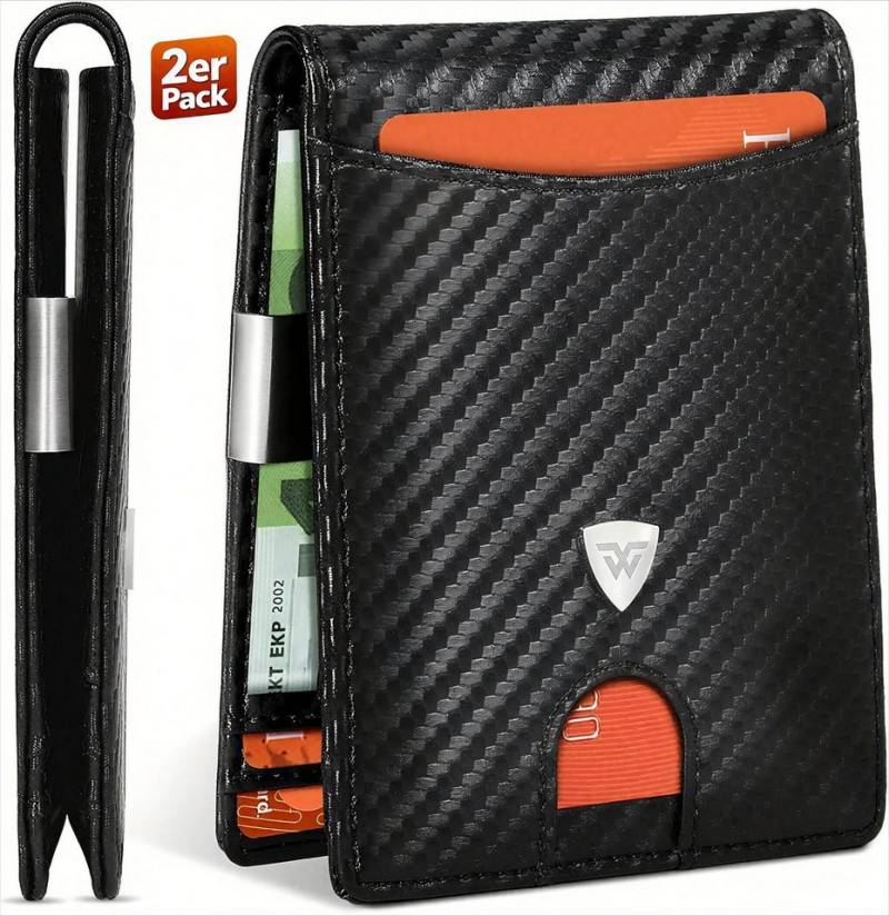 TEEHON Geldbörse Herren Slim RFID-Blockierung Kohlefaserleder Portmonee (2-tlg., mit 12 Kreditkartenfächern, Geldscheinklammer), minimalistischer Bi-Fold Geldbörse mit Geschenkbox - Schwarz von TEEHON