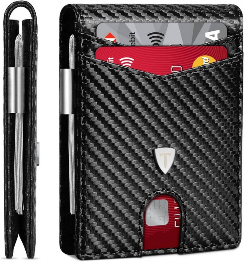 POPOLIC Geldbörse Herren Slim Wallet RFID Blocking Kohlefaserleder Portmonee Herren (mit 11 Kartenetui, Ausweisfenster, Geldscheinklammer), Minimalistischer Geldbeutel Herren mit Geschenkbox - Schwarz von POPOLIC