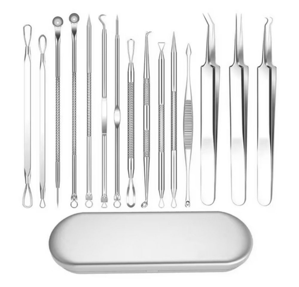 POPOLIC Pickelnadel Pickelnadel Akne-Nadel-Set gebogene Mitesserentferner 15-teiliges, 1-tlg., 15-in-1-Profi-Kit, Professioneller Gesichts-Mitesserentferner aus Edelstahl von POPOLIC