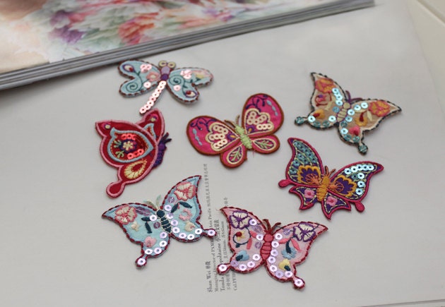 1 Paar Gestickte Applikationen, Klebstoff Bestickt Schmetterling, Perlen-Patches Für Kleid Liefert, Haare Schmetterling Headpiece(44-22 von POPOLace