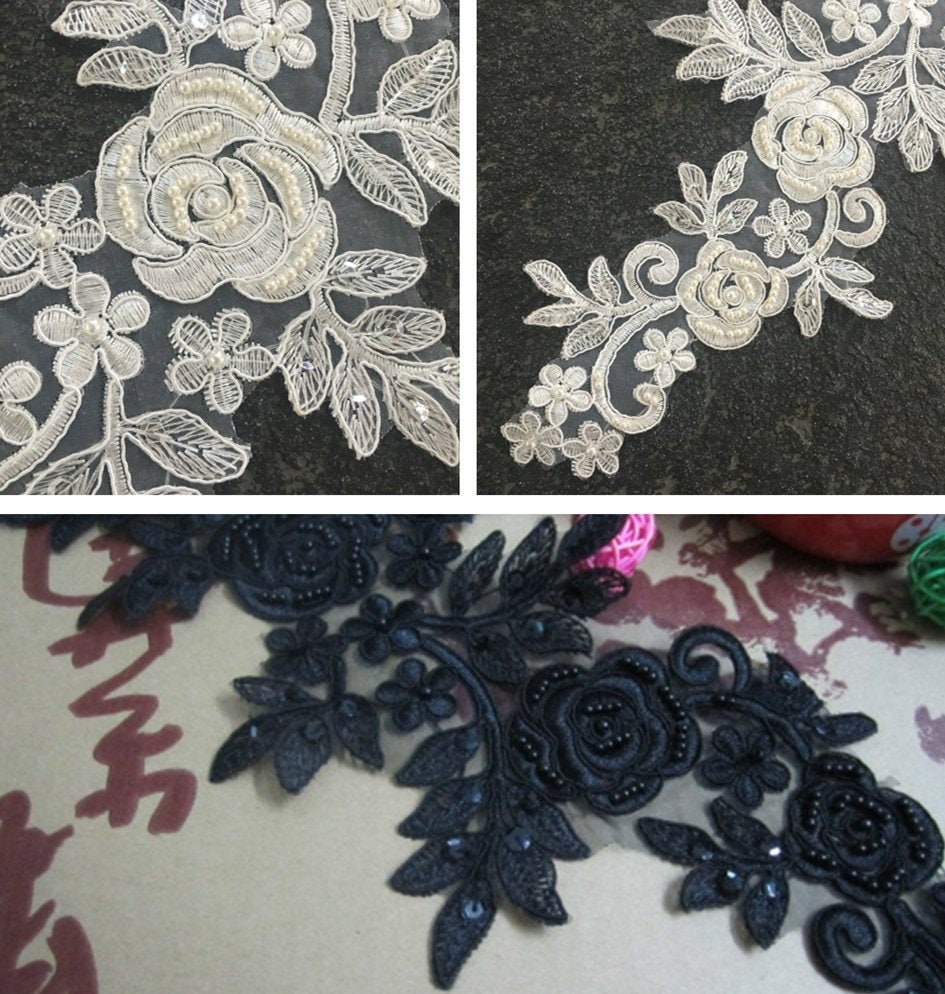 Alencon Spitzenapplikationen, Weiß/Schwarz/Elfenbein Perlen Gestickten Blumen, Patches Für Hochzeit Zubehör, Braut Haar Flower, Headpiece(84-6 von POPOLace
