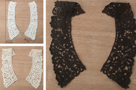 Venedig Beige/Schwarze Baumwollspitzen Kragen Appliques, Floral Emboridered Collar 1 Pcs-91-22 von POPOLace