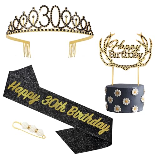 13 Geburtstag Krone und Schärpe Schwarzes Gold,Krone 13.Geburtstag,13. Geburtstag Schärpe und Tiara Kristall Kuchenaufsätze Kit,Krone 13 Geburtstag Mädchen für Geburtstag Geschenk Partyzubehör Dekor von POPOYU